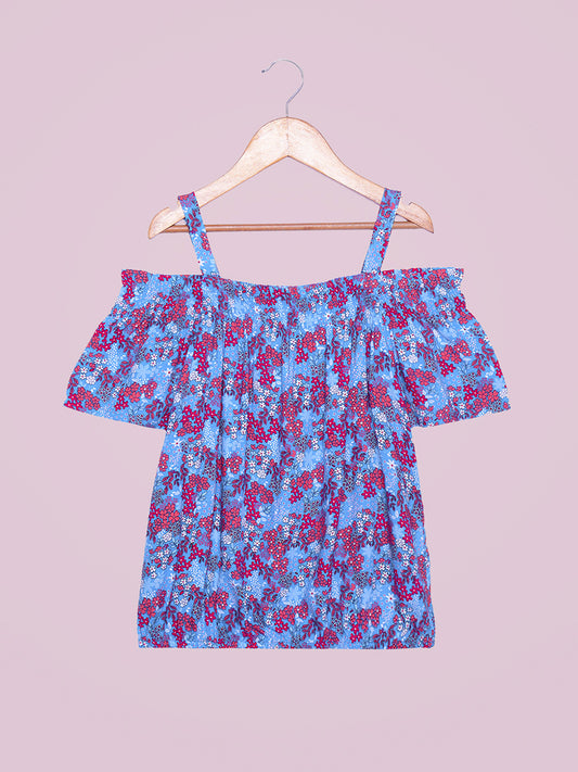 Girls Cold Shoulder Top in Blue Printed Rayon