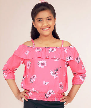 Girls Pink Printed Blouson Top