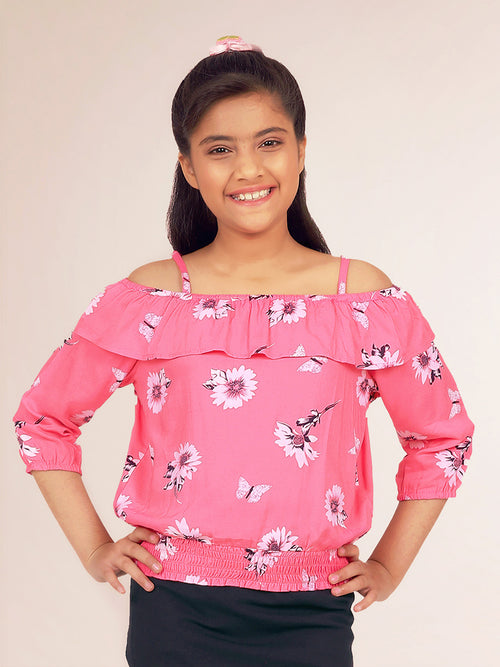 Girls Pink Printed Blouson Top