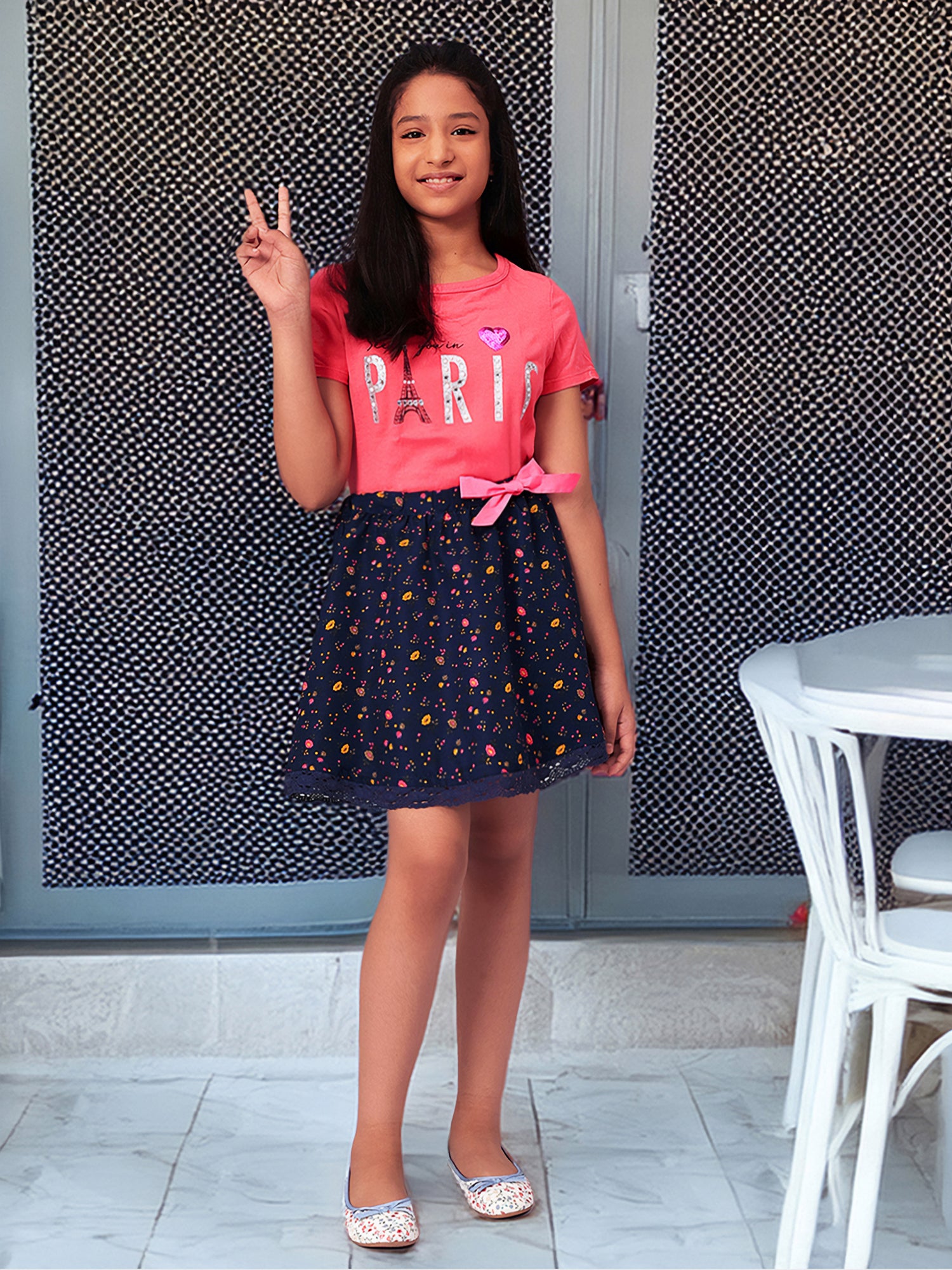 Girls Blue Printed Flared Skirt