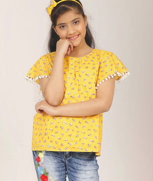 Girls Yellow Printed Cotton Top