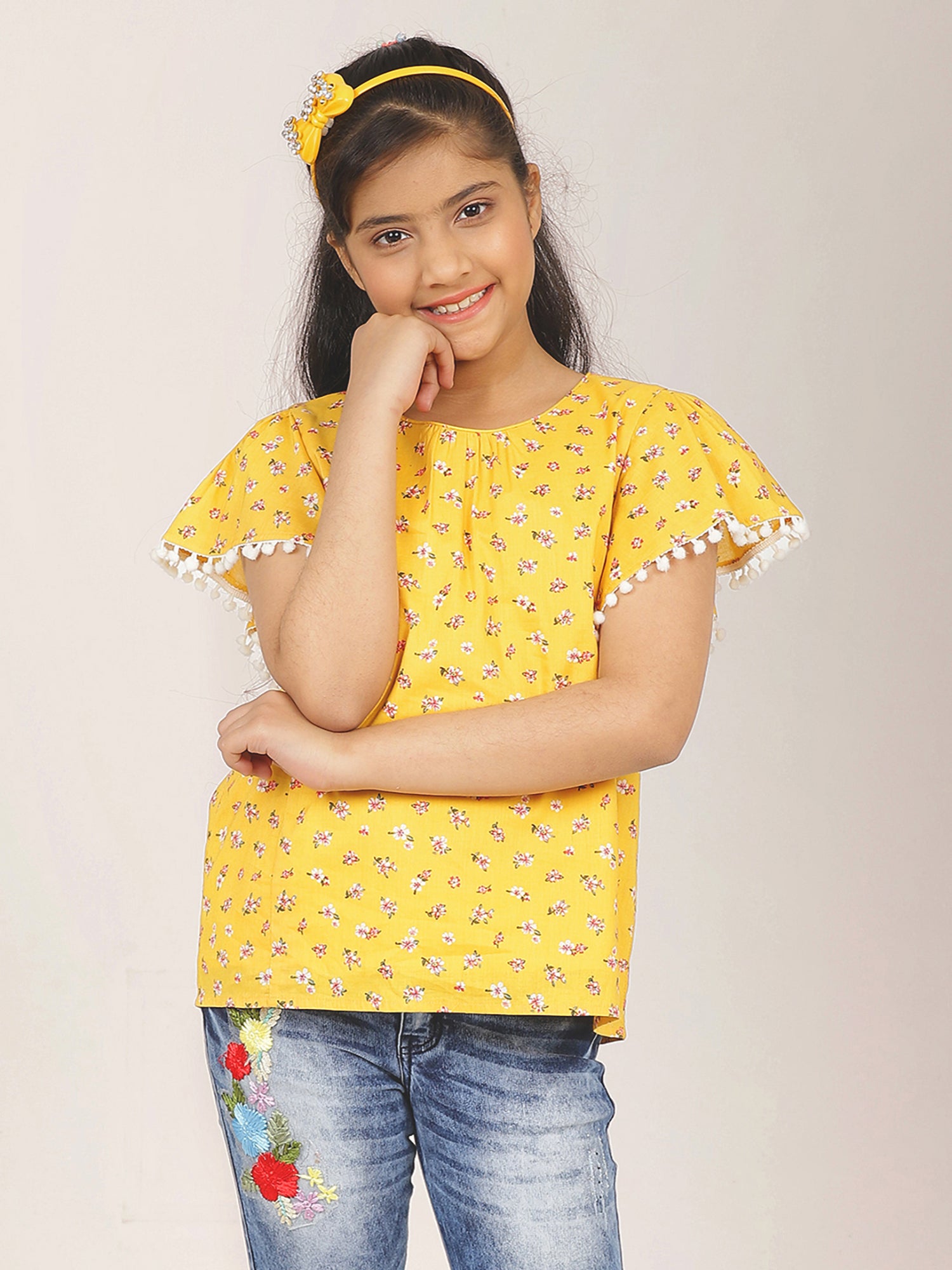 Girls Yellow Printed Cotton Top