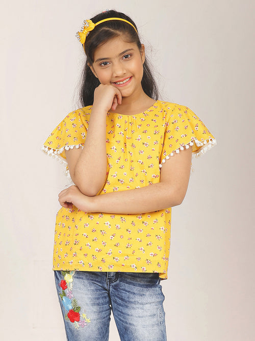 Girls Yellow Printed Cotton Top