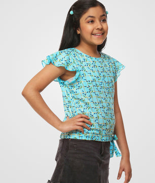 Girls Blue Printed Cotton Top