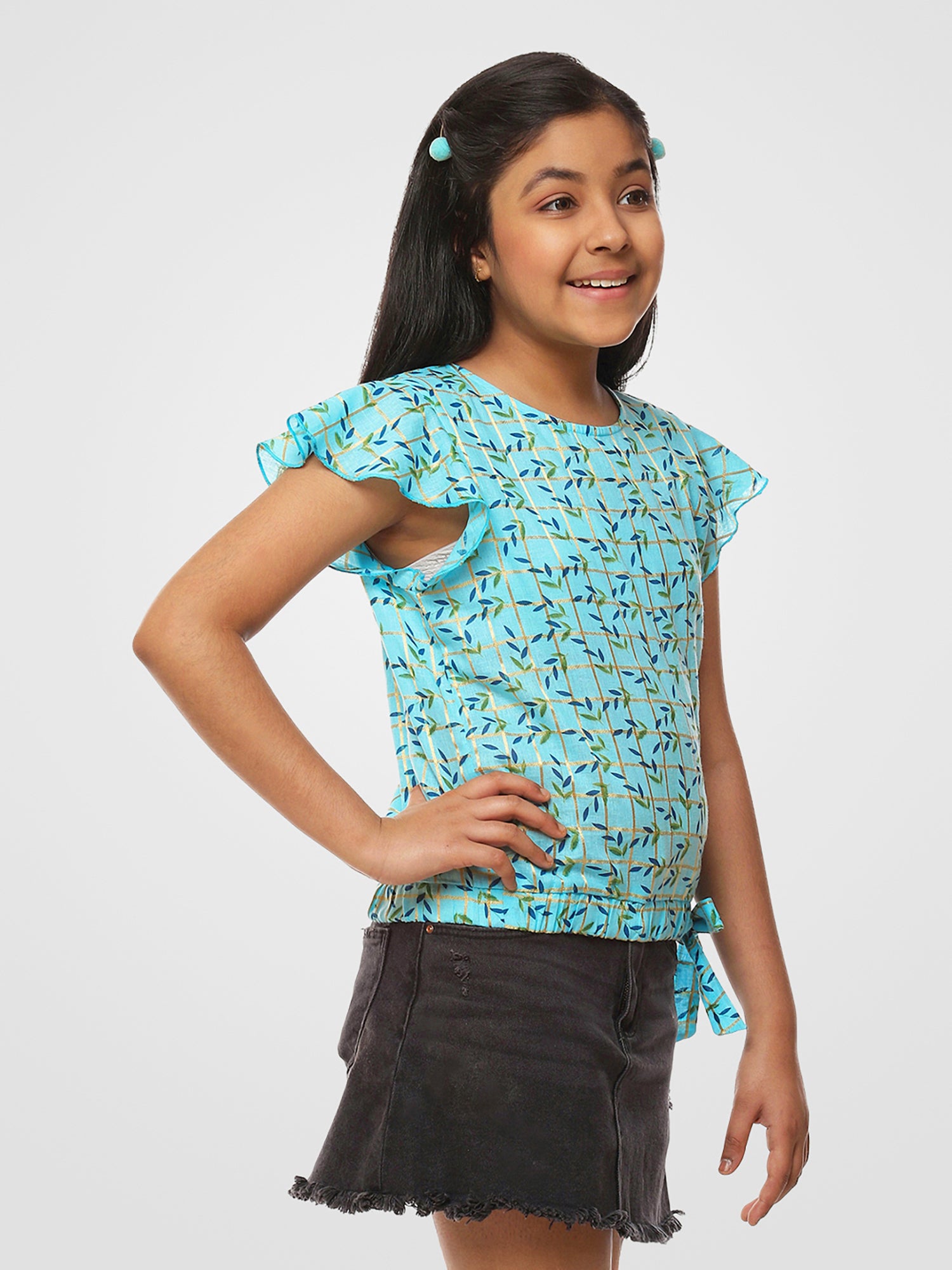 Girls Blue Printed Cotton Top