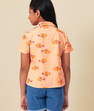 Girls Shirt Style Short Sleeves Printed Cotton Top