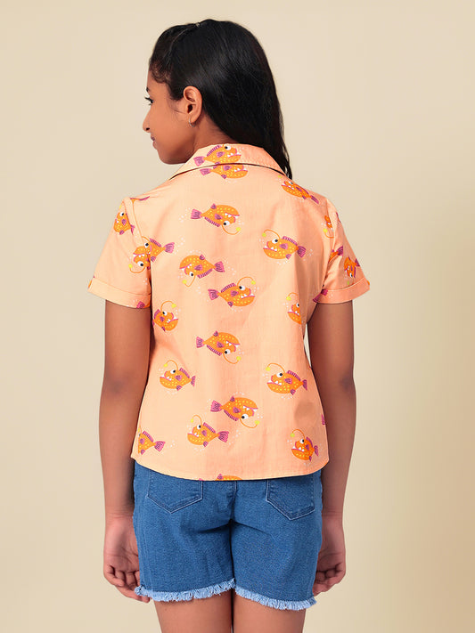 Girls Shirt Style Short Sleeves Printed Cotton Top
