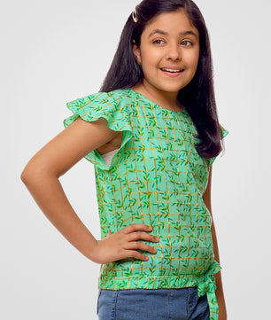 Girls Sea Green Printed Cotton