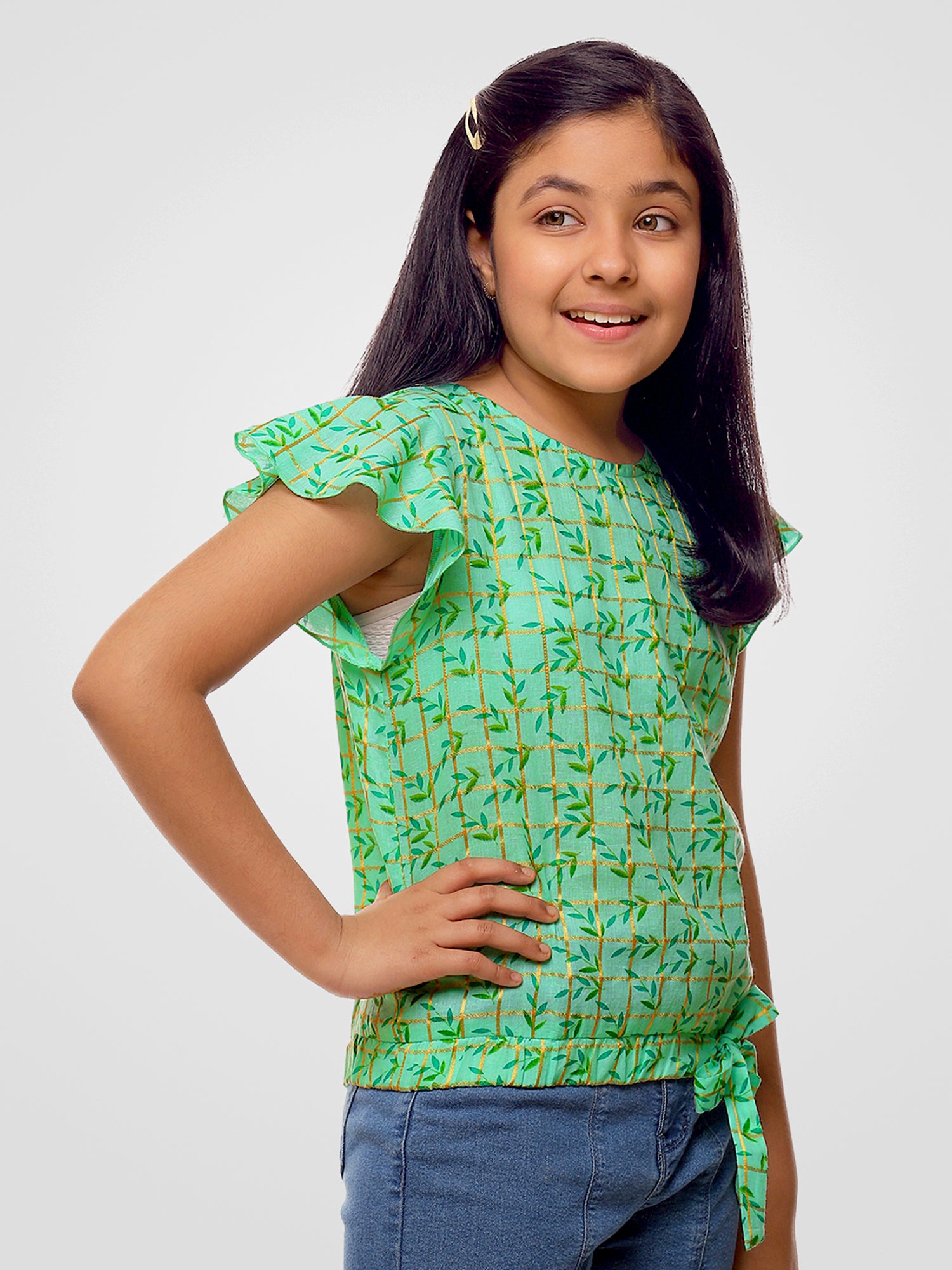 Girls Sea Green Printed Cotton