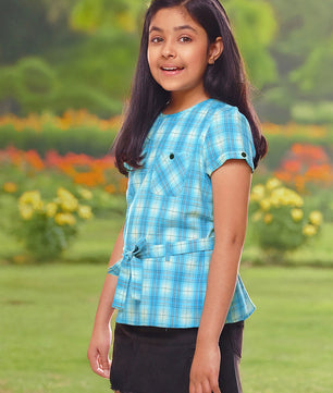 Girls Turquoise Blue Checked Cotton Top