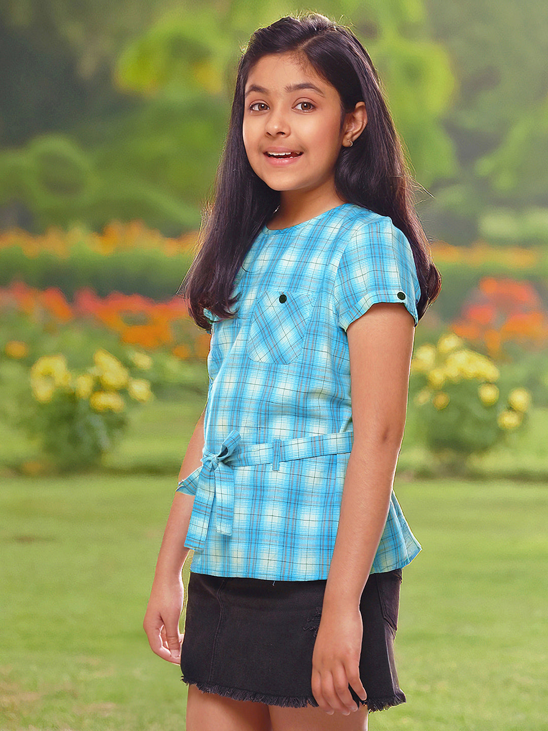Girls Turquoise Blue Checked Cotton Top