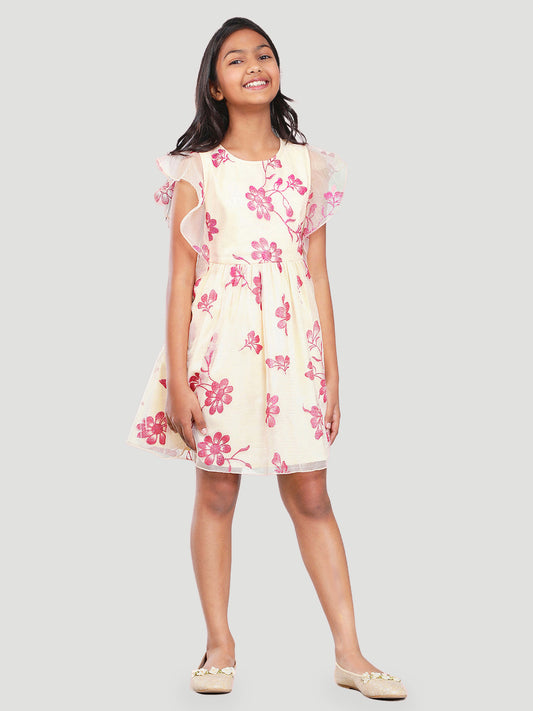 Girls Beige and Magenta Glitter Dress with Ruffles