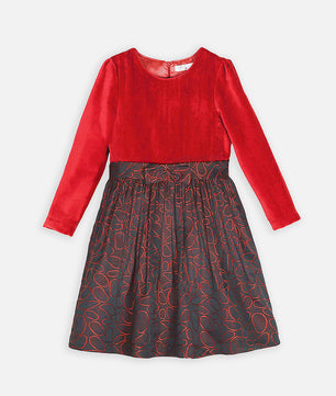 Girls Red Velvet Long Sleeves Dress
