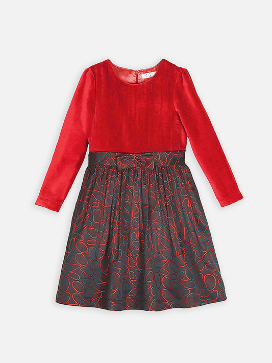 Girls Red Velvet Long Sleeves Dress