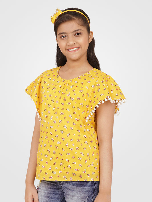 Girls Yellow Printed Cotton Top