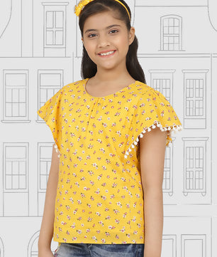 Girls Yellow Printed Cotton Top