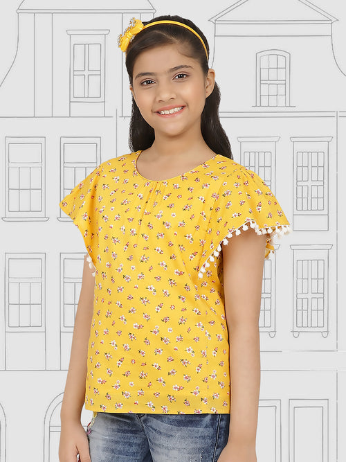 Girls Yellow Printed Cotton Top