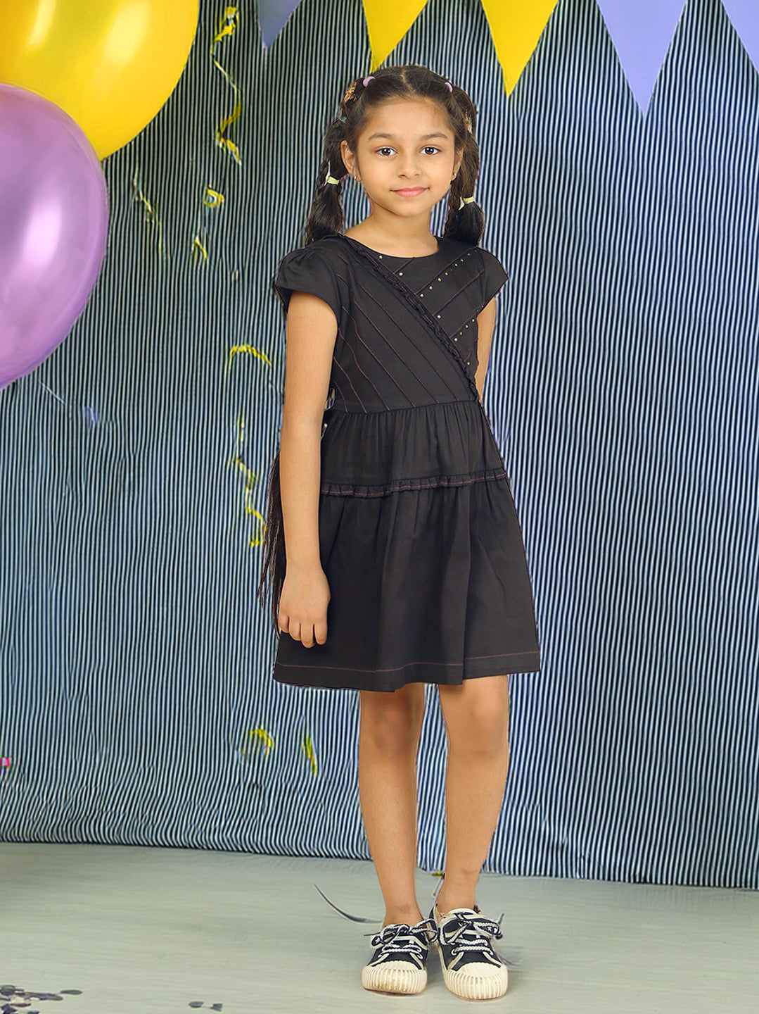 Girls Black Cotton Satin Dress