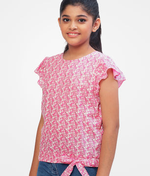 Girls Pink Printed Cotton Top