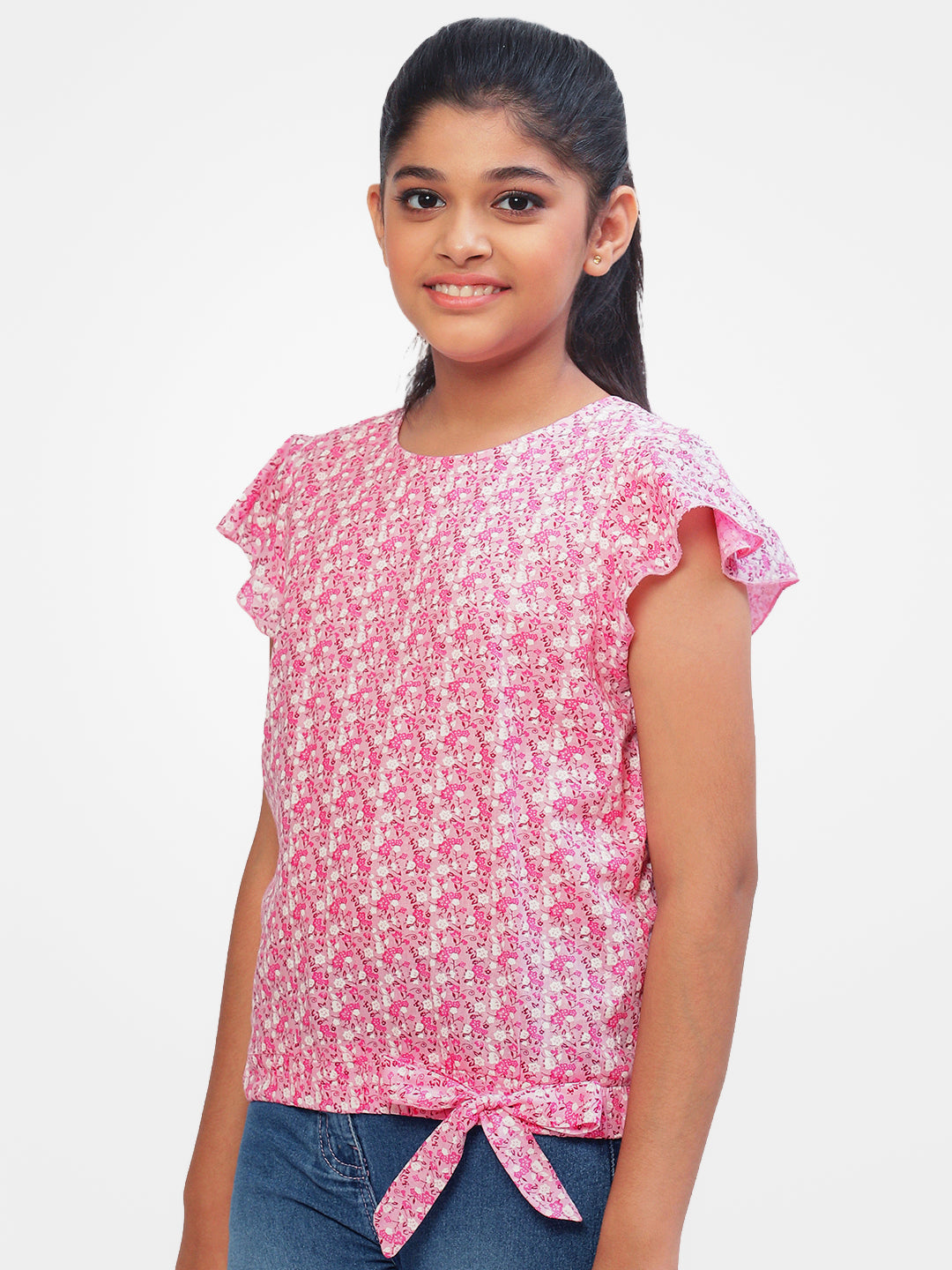 Girls Pink Printed Cotton Top