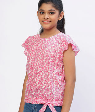 Girls Pink Printed Cotton Top