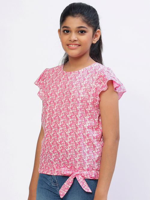 Girls Pink Printed Cotton Top