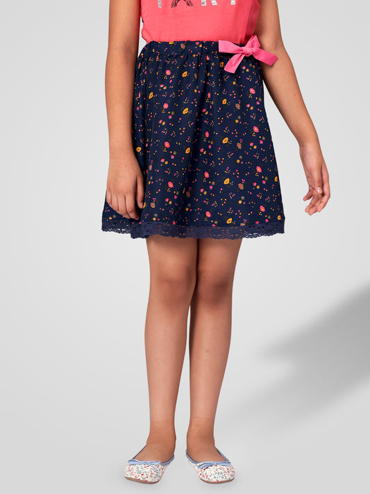 Girls Blue Printed Flared Skirt