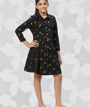 Girls Shirt Style Long Sleeves Dress in Cotton