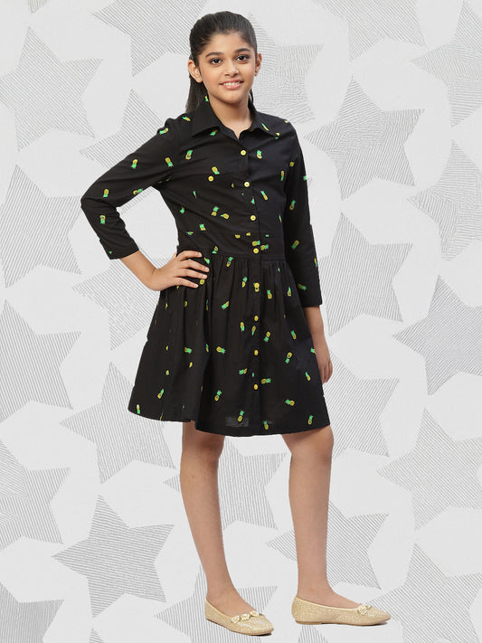 Girls Shirt Style Long Sleeves Dress in Cotton