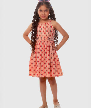 Girls Printed Cotton Dress in Peach Color