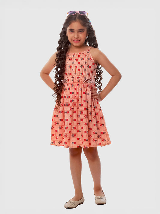 Girls Printed Cotton Dress in Peach Color