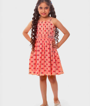 Girls Printed Cotton Dress in Peach Color