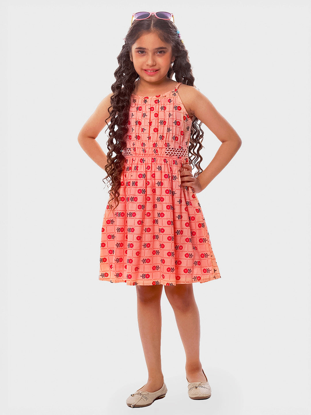 Girls Printed Cotton Dress in Peach Color