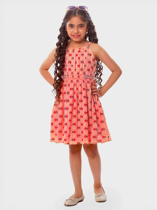 Girls Printed Cotton Dress in Peach Color
