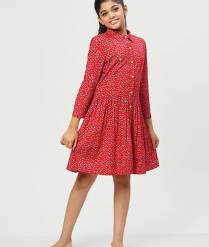 Girls Shirt Style Long Sleeves Dress in Rayon