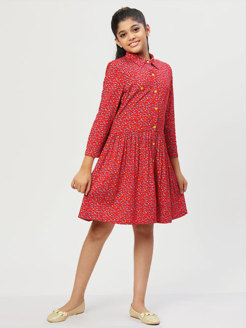 Girls Shirt Style Long Sleeves Dress in Rayon