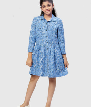 Girls Shirt Style Long Sleeves Dress in Cotton Twill