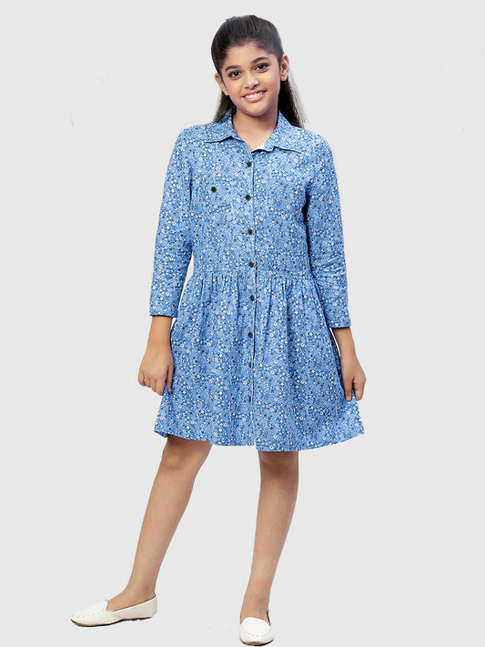 Girls Shirt Style Long Sleeves Dress in Cotton Twill