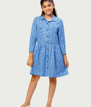 Girls Shirt Style Long Sleeves Dress in Cotton Twill
