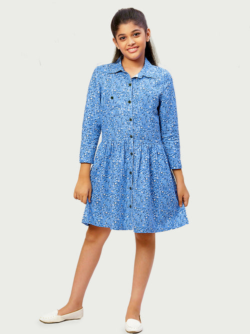 Girls Shirt Style Long Sleeves Dress in Cotton Twill