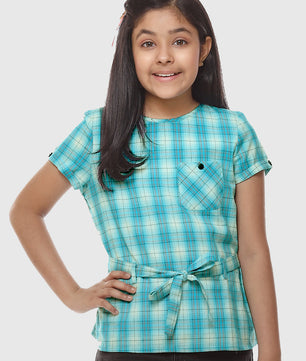 Girls Turquoise Blue Checked Cotton Top