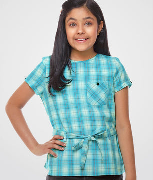 Girls Turquoise Blue Checked Cotton Top