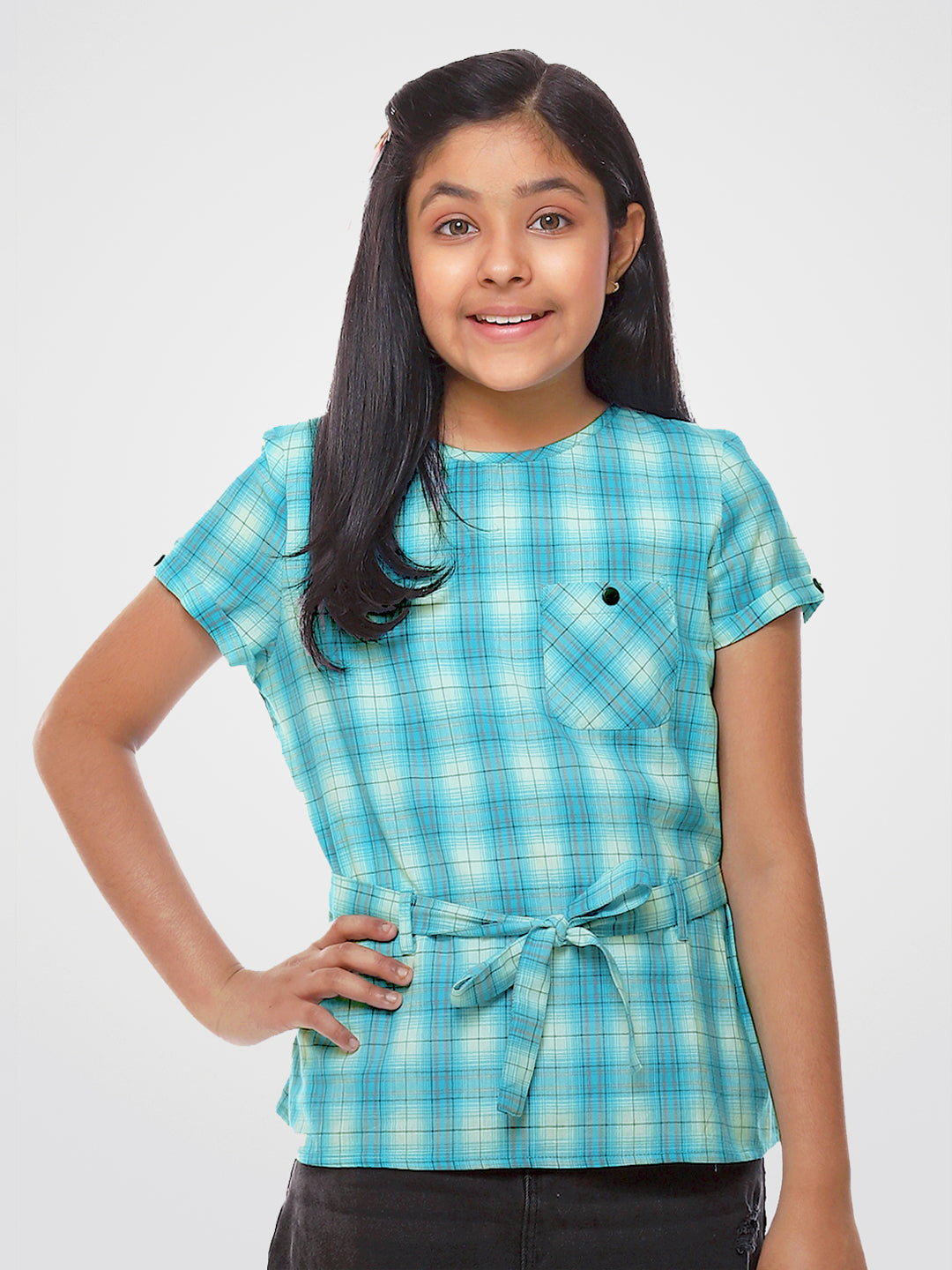 Girls Turquoise Blue Checked Cotton Top
