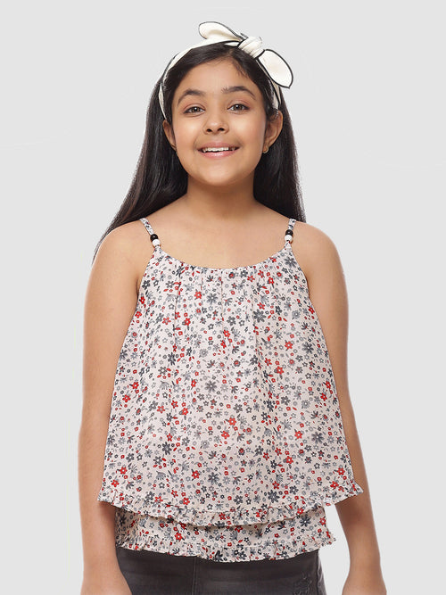 Girls White Printed Georgette Top