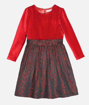 Girls Red Velvet Long Sleeves Dress