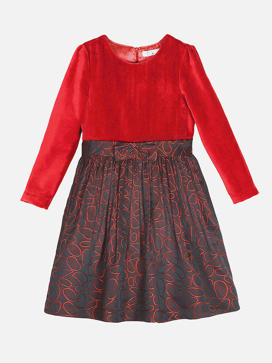 Girls Red Velvet Long Sleeves Dress