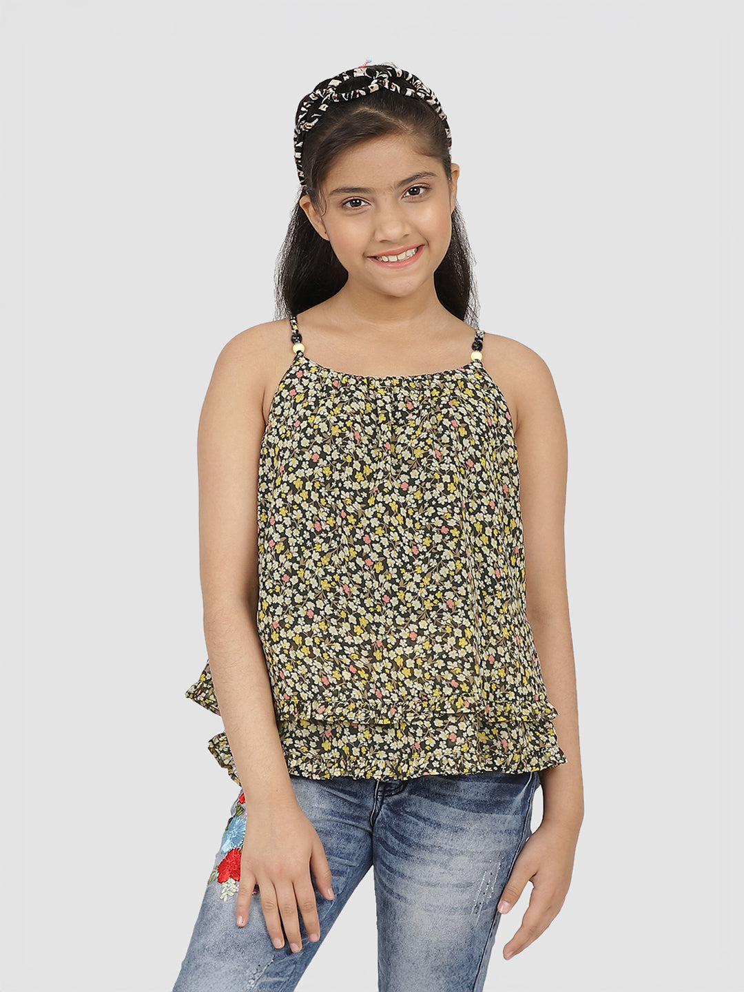 Girls Black Printed Georgette Top