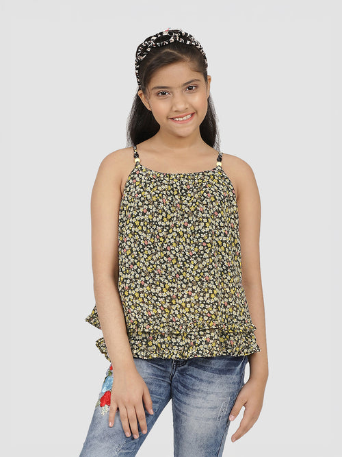 Girls Black Printed Georgette Top
