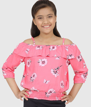 Girls Pink Printed Blouson Top