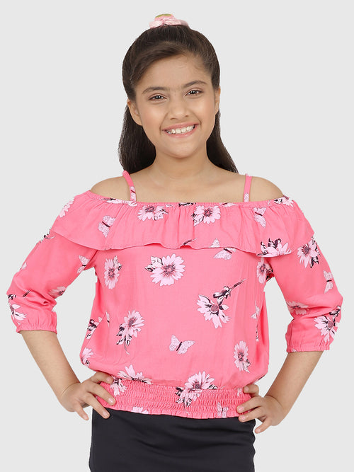 Girls Pink Printed Blouson Top